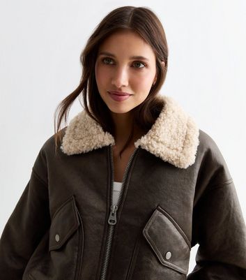 Dark Brown Faux Shearling Collar Bomber Jacket | New Look