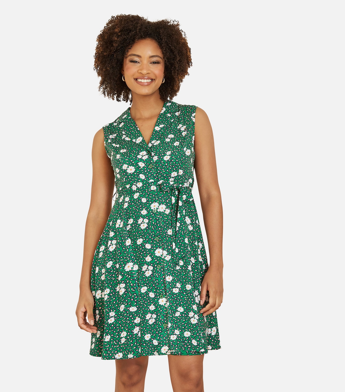 Women's Green Leopard and Floral Print Sleeveless Belted Mini Shirt Dress Mela New Look