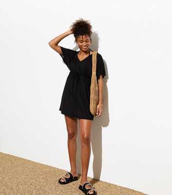 Black V Neck Drawstring Waist Mini Beach Dress