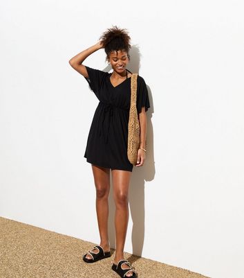 Black V Neck Drawstring Waist Mini Beach Dress New Look