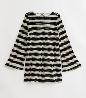 Black Stripe Crochet Flared Sleeve Mini Beach Dress New Look