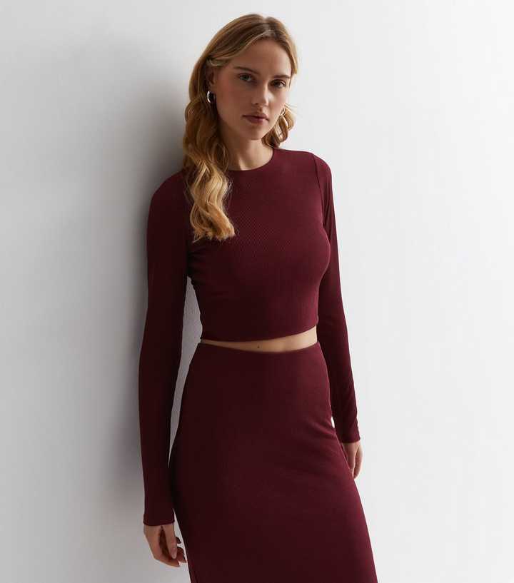 maroon crop top long sleeve