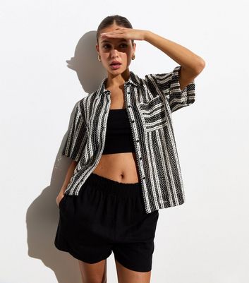 Black Stripe Crochet Short Sleeve Shirt New Look