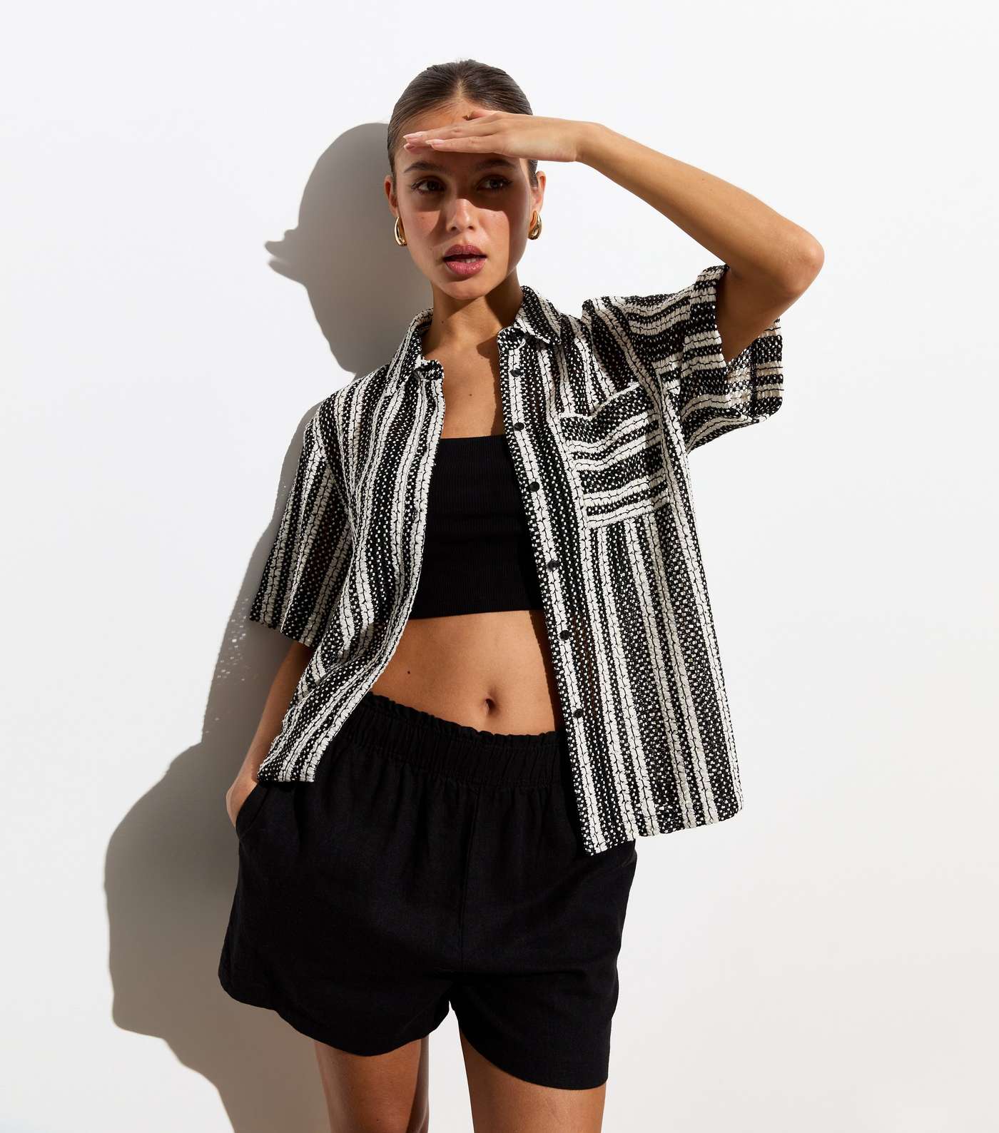 Black Stripe Crochet Short Sleeve Shirt Image 3