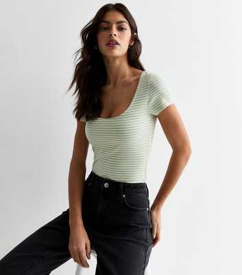 Green Striped Cotton Scoop-Neck Short-Sleeved Bodysuit