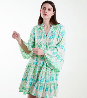 Blue Vanilla Green Abstract Print Tiered Mini Smock Dress | New Look