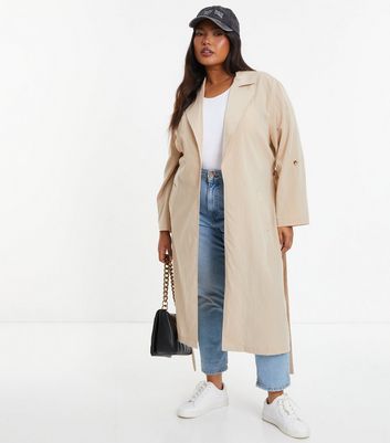 QUIZ Curves Stone Belted Long Mac New Look