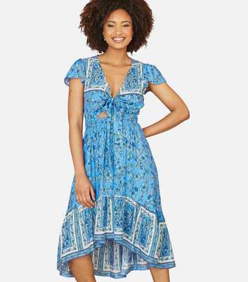 Mela Blue Floral Print Dip Hem Midi Dress