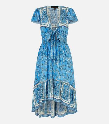 Mela Blue Floral Print Dip Hem Midi Dress New Look