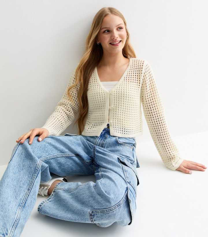 Girls Cream Stitch Knit Crop Cardigan