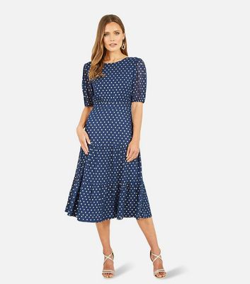 Navy polka dot midi dress hotsell