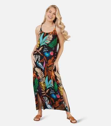 Mela Black Leaf Print Split Hem Midi Dress