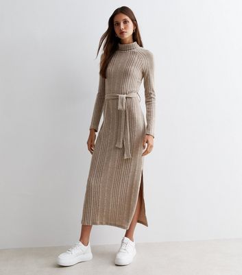 Stone Ribbed Roll Neck Belted Midi Dress New Look