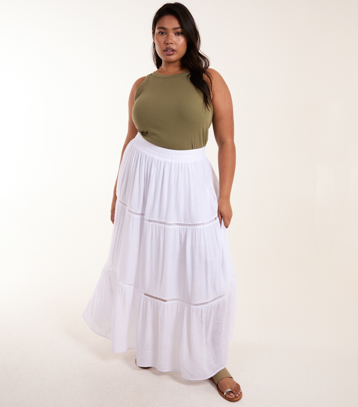 Women's Plus Size White Ladder Trim Maxi Skirt Curves Blue Vanilla New Look