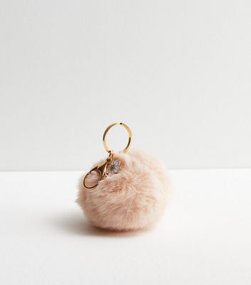 Pale Pink Faux Fur Pom Pom and Flower Charm Keyring New Look