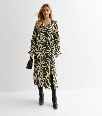 Green Leaf Print Split Hem Midaxi Dress New Look