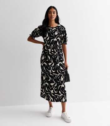 Black Abstract Print Crinkle Smock Midi Dress