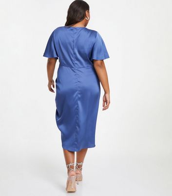 QUIZ Curves Blue Satin Ruched Wrap Midi Dress New Look