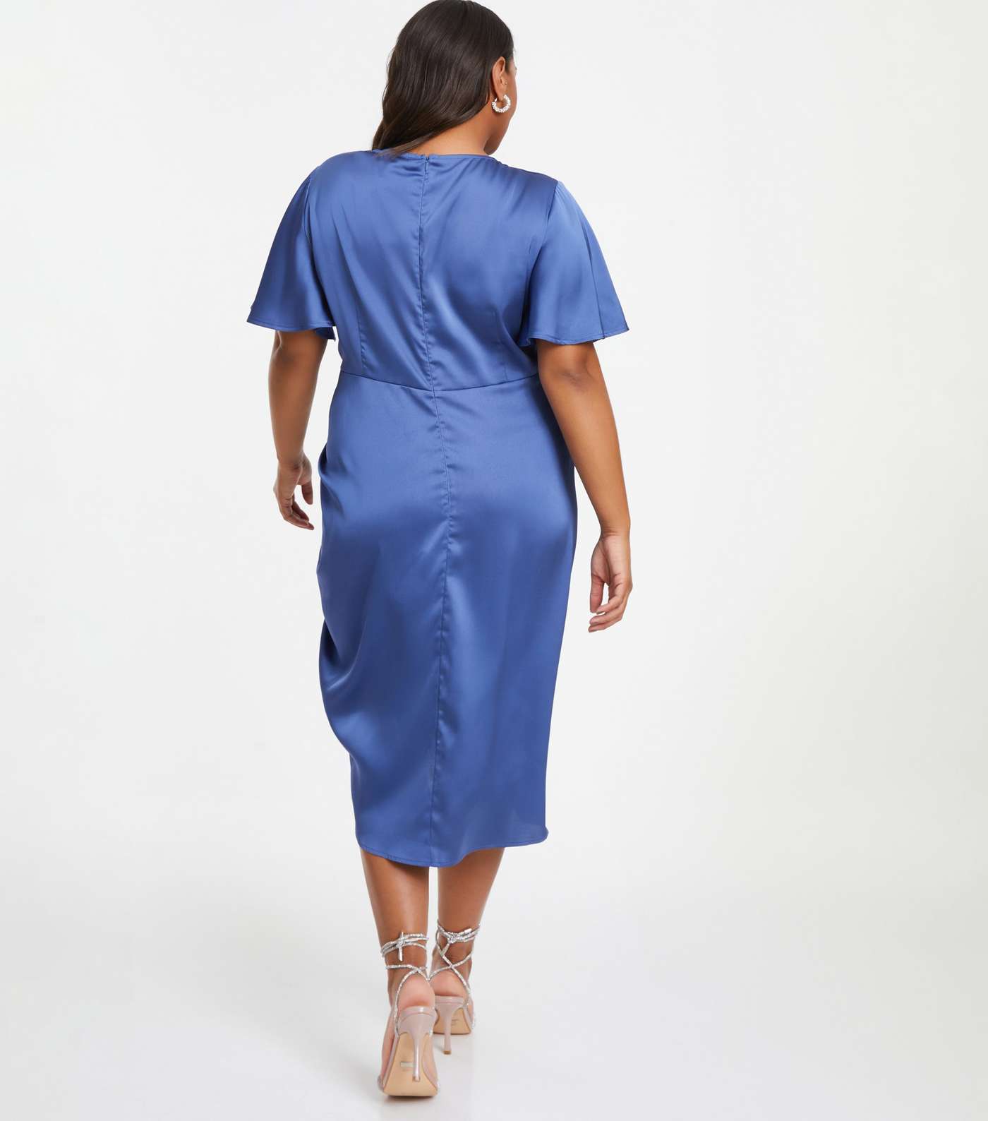 QUIZ Curves Blue Satin Ruched Wrap Midi Dress Image 3