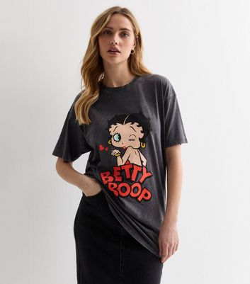 Dark Grey Acid Wash Betty Boop Logo Oversized T-Shirt New Look