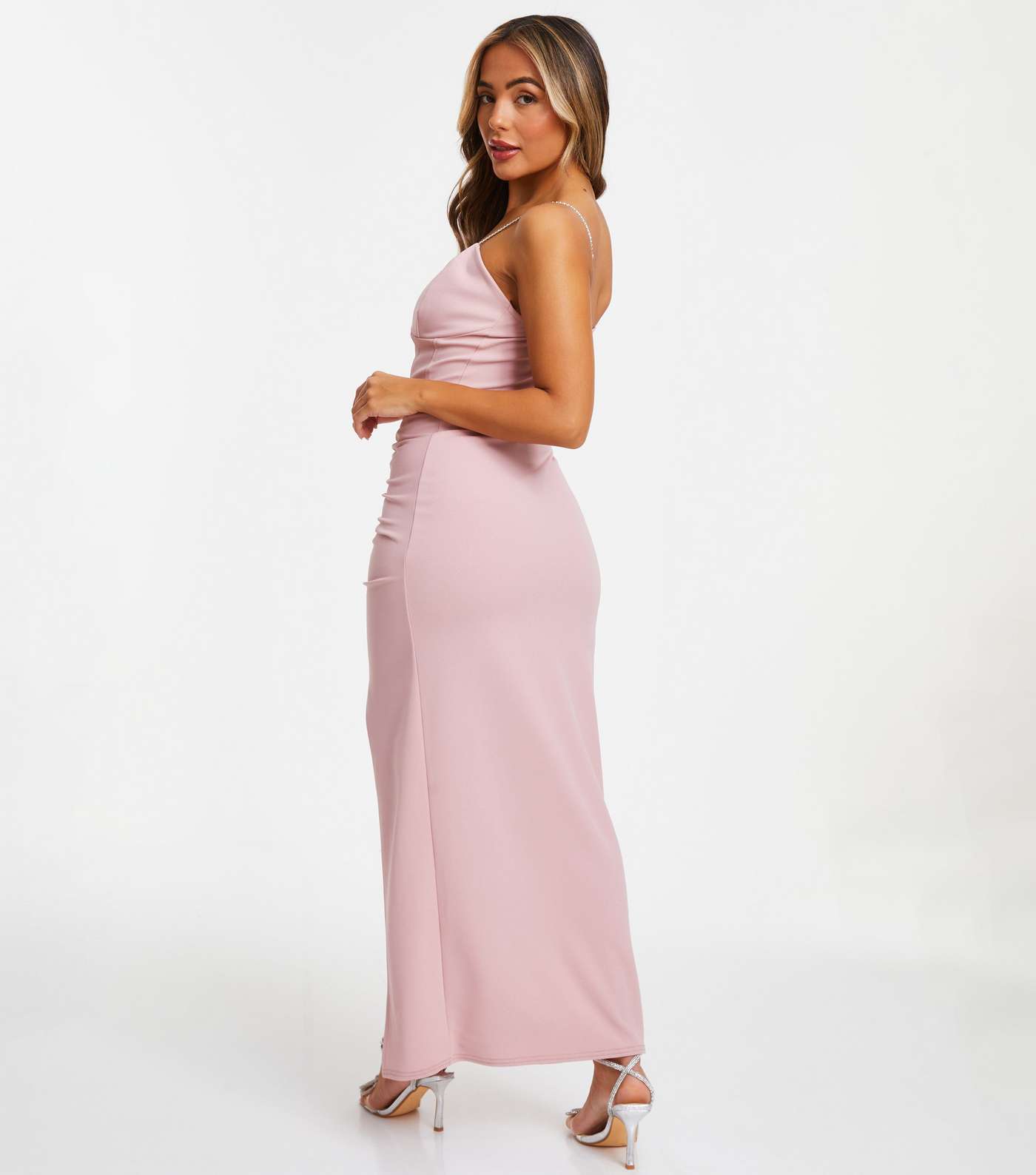 QUIZ Petite Pink Ruched Maxi Dress Image 3