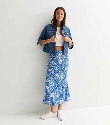 Blue Tile Print Midi Skirt 
