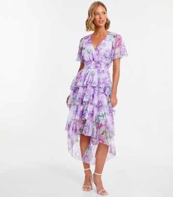 QUIZ Lilac Floral Chiffon Tiered Midi Dress