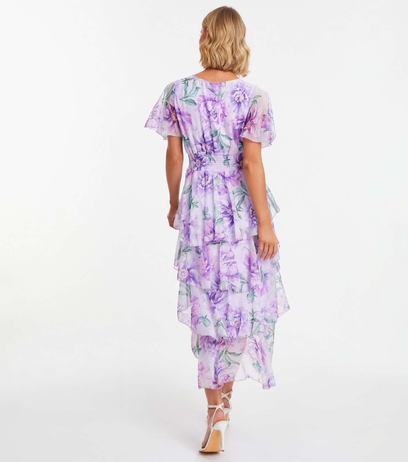 QUIZ Lilac Floral Chiffon Tiered Midi Dress Image 3
