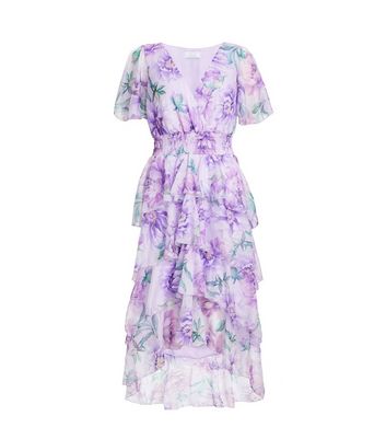QUIZ Lilac Floral Chiffon Tiered Midi Dress New Look