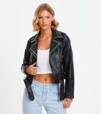 QUIZ Black Leather-Look Biker Jacket New Look