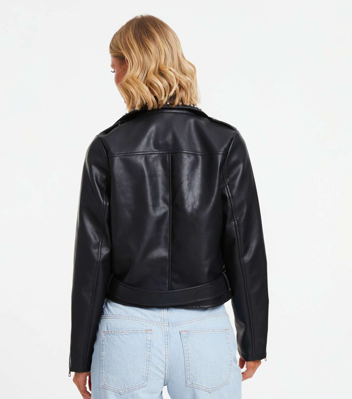 QUIZ Black Leather-Look Biker Jacket Image 3