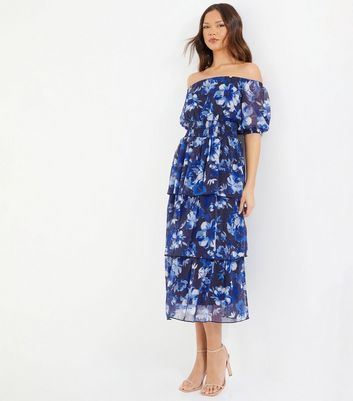 QUIZ Blue Floral Bardot Tiered Midi Dress New Look