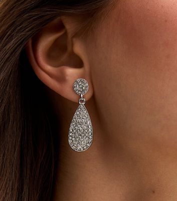 Silver Diamante Teardrop Doorknocker Earrings New Look
