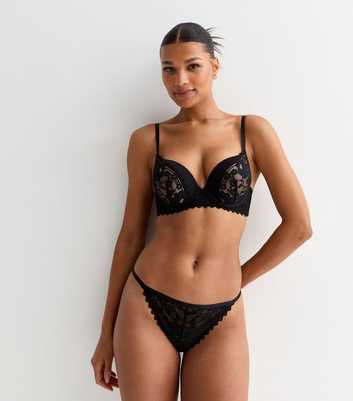 Black Geo Lace Embroidered Tanga Brazilian Briefs 