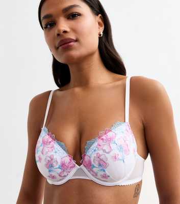 Pink Floral-Embroidered Mesh T-Shirt Bra