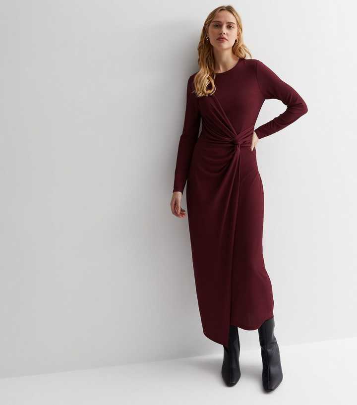 Burgundy Ribbed Twist Midi Dress