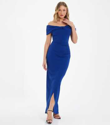 QUIZ Bright Blue Bardot Ruched Maxi Dress