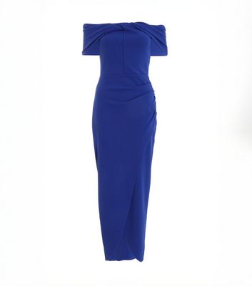 QUIZ Bright Blue Bardot Ruched Maxi Dress New Look