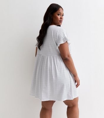 Curves White Stripe Short Frill Sleeve Mini Smock Dress New Look