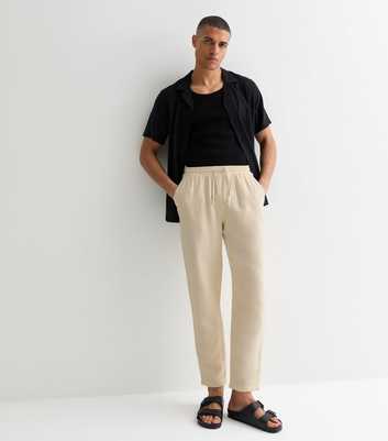 Cream Textured Cotton Pull On Drawstring Trousers