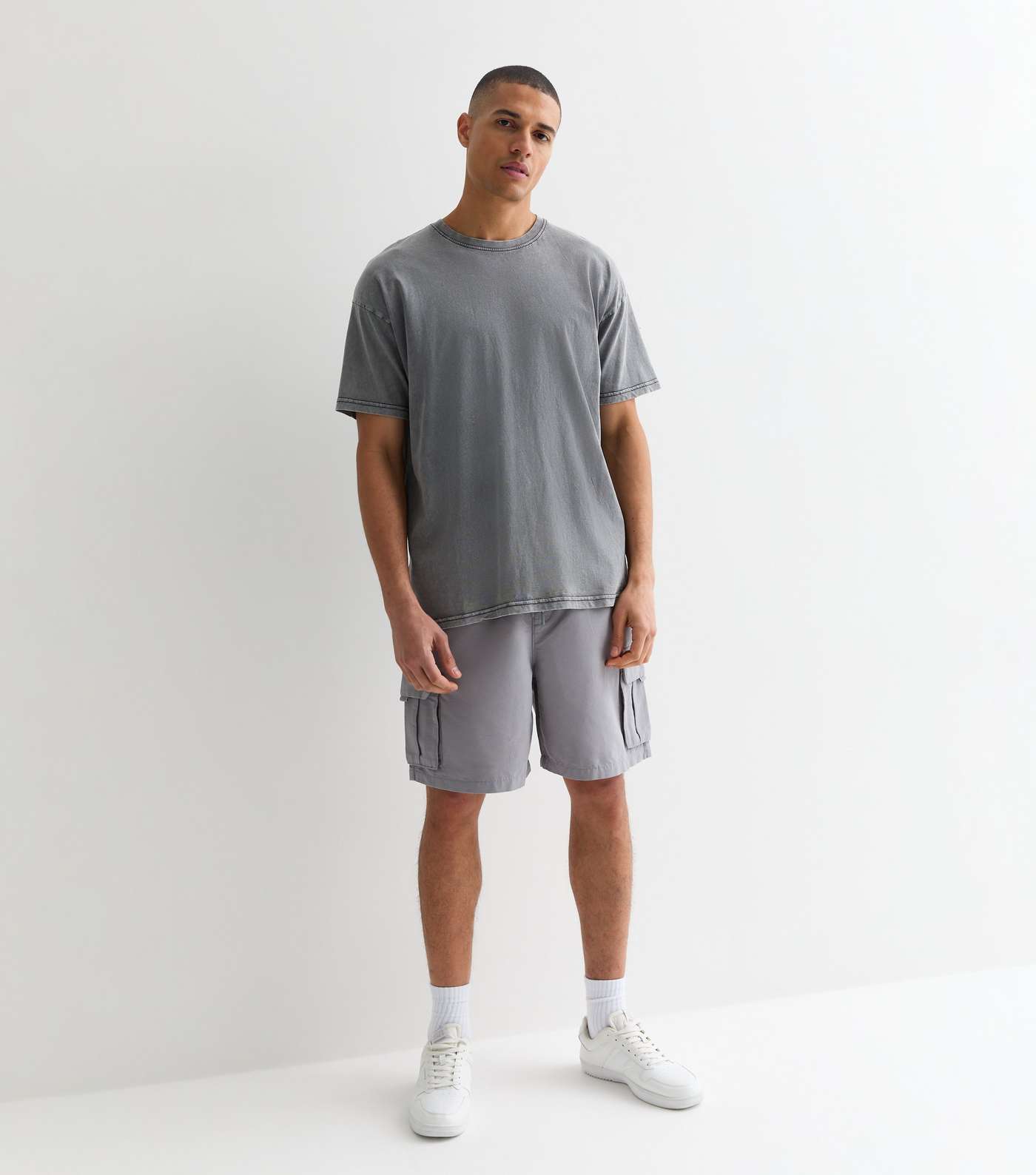 Pale Grey Drawstring Tech Relaxed Fit Cargo Shorts Image 3