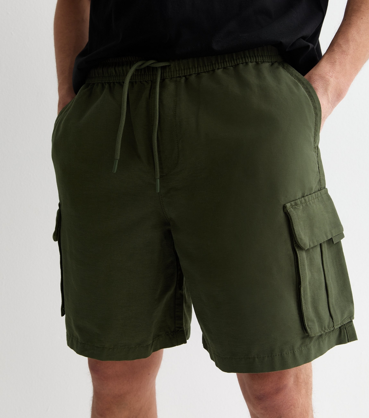 Men's Khaki Drawstring Tech Relaxed Fit Cargo Shorts New Look