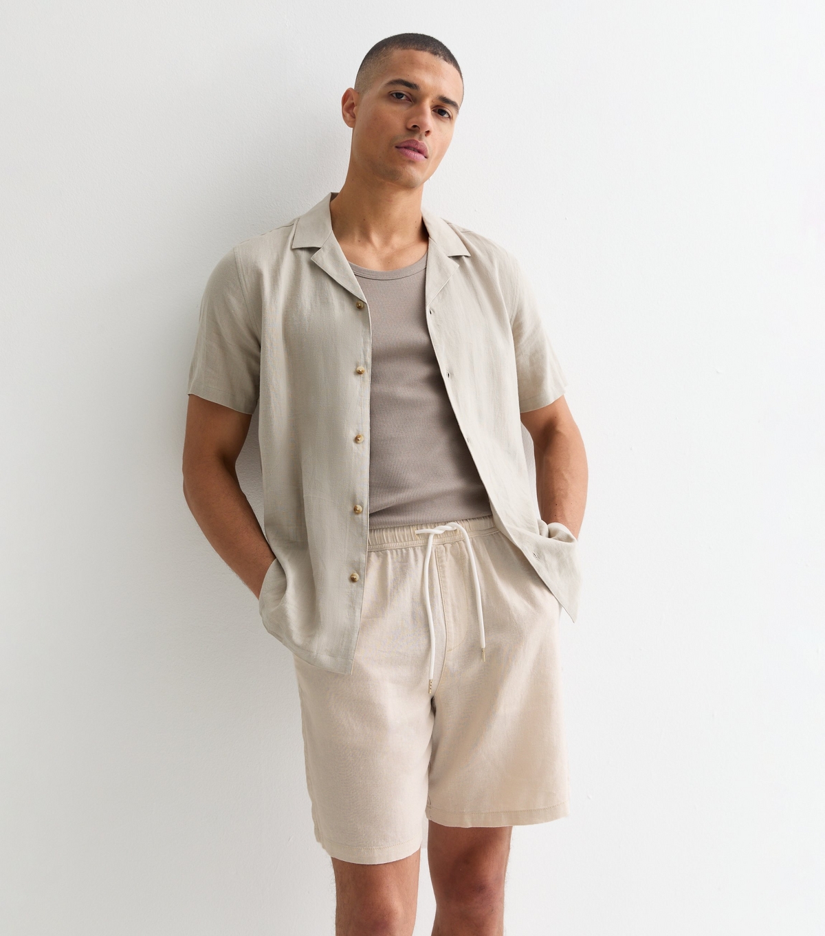 Men's Cream Linen Blend Relaxed Fit Drawstring Shorts New Look