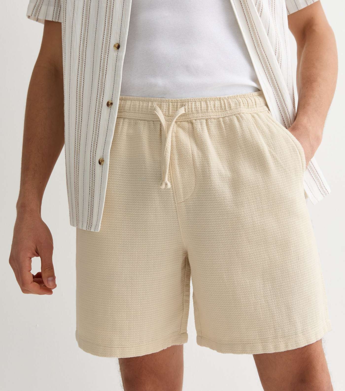 Cream Textured Relaxed Fit Cotton Drawstring Shorts Image 2