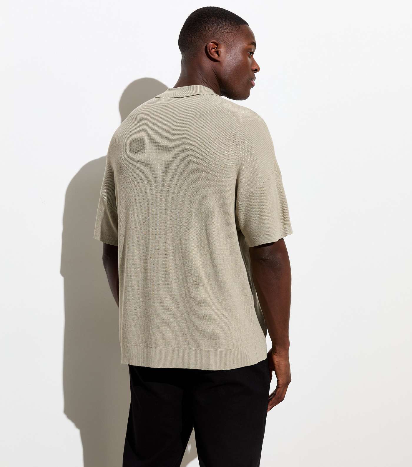 Olive Zip Neck Relaxed Fit Short Sleeve Knit Polo Shirt Image 4