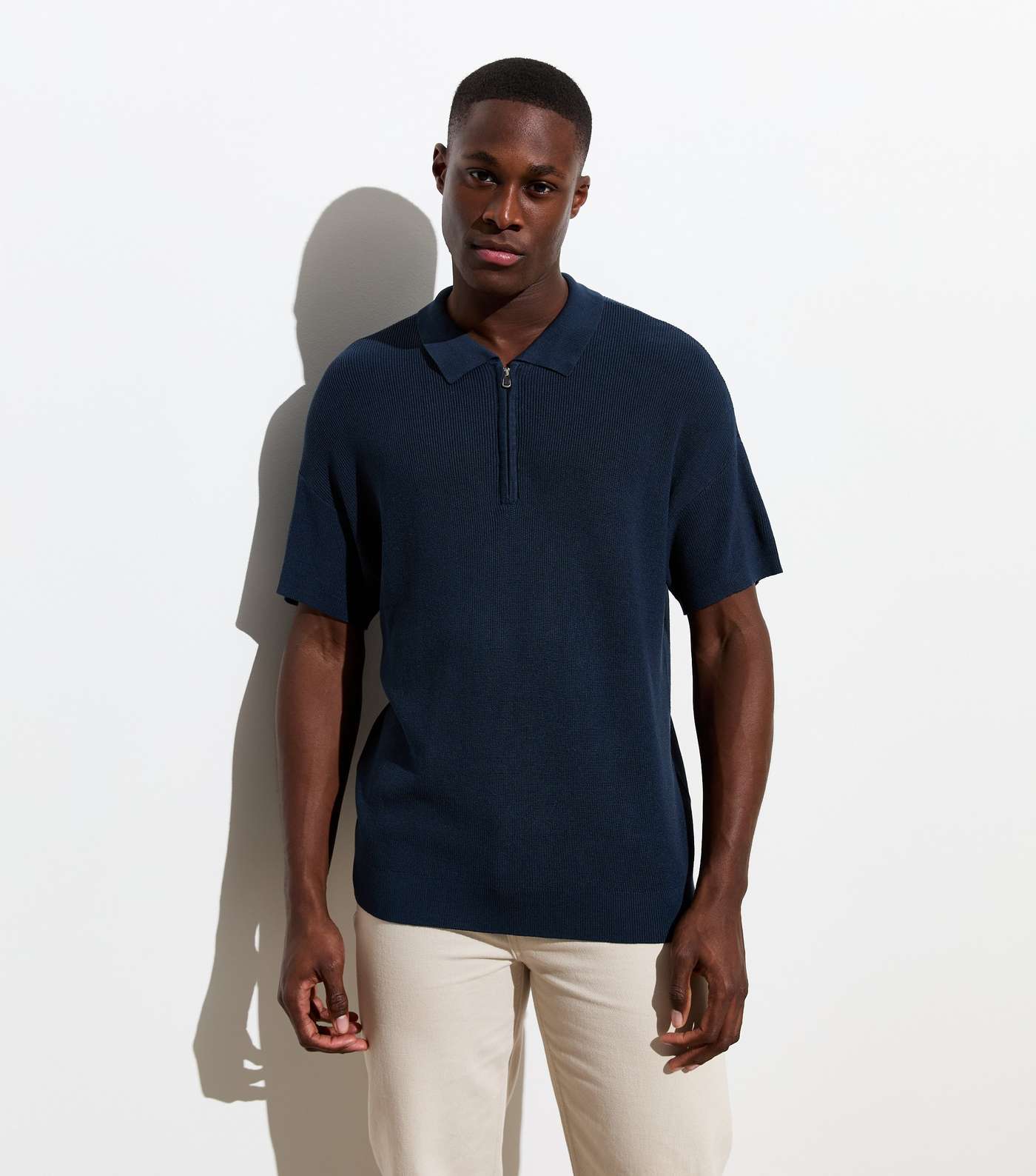 Navy Zip Neck Relaxed Fit Short Sleeve Knit Polo Shirt Image 2