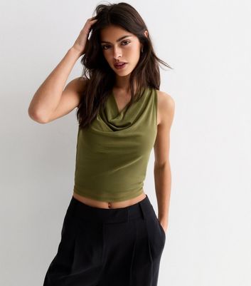 Olive Mesh Cowl Neck Top New Look