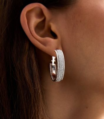 Silver Glitter Wide Hoop Earrings New Look