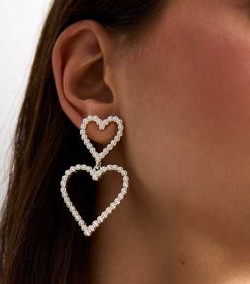 Silver Faux Pearl Heart Doorknocker Earrings