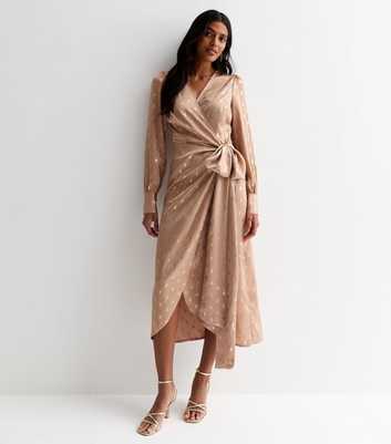Light Brown Foil Print Long Sleeve Wrap Midi Dress